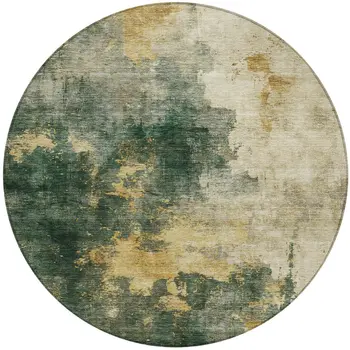 8' Fern Green And Gold Round Abstract Washable Indoor Outdoor Area Rug
