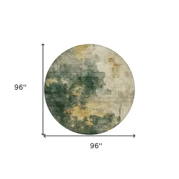 8' Fern Green And Gold Round Abstract Washable Indoor Outdoor Area Rug
