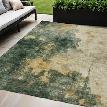 9' X 12' Fern Green And Gold Abstract Washable Indoor Outdoor Area Rug