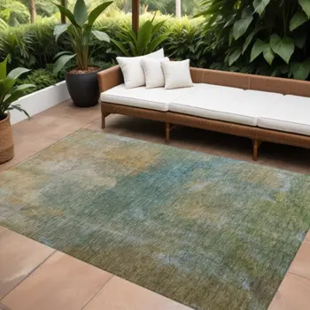 5' X 8' Artichoke Green Gray And Gold Abstract Washable Indoor Outdoor Area Rug