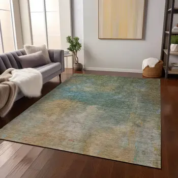 5' X 8' Artichoke Green Gray And Gold Abstract Washable Indoor Outdoor Area Rug