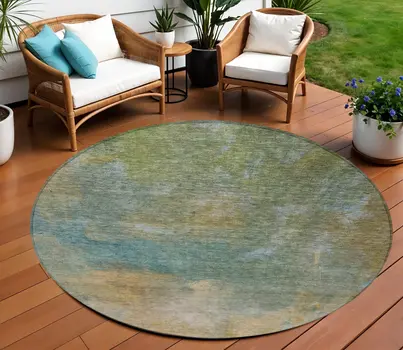 8' Artichoke Green Gray And Gold Round Abstract Washable Indoor Outdoor Area Rug