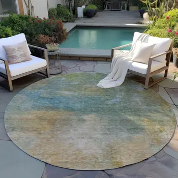 8' Artichoke Green Gray And Gold Round Abstract Washable Indoor Outdoor Area Rug