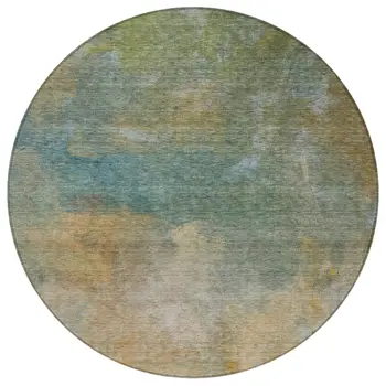 8' Artichoke Green Gray And Gold Round Abstract Washable Indoor Outdoor Area Rug
