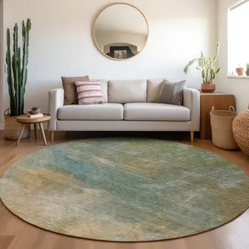 8' Artichoke Green Gray And Gold Round Abstract Washable Indoor Outdoor Area Rug
