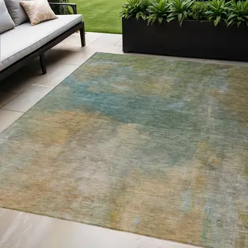 9' X 12' Artichoke Green Gray And Gold Abstract Washable Indoor Outdoor Area Rug