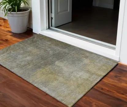 3' X 5' Pewter And Light Yellow Abstract Washable Indoor Outdoor Area Rug