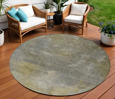 8' Pewter And Light Yellow Round Abstract Washable Indoor Outdoor Area Rug
