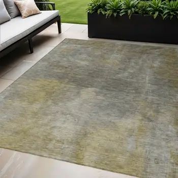 8' X 10' Pewter And Light Yellow Abstract Washable Indoor Outdoor Area Rug