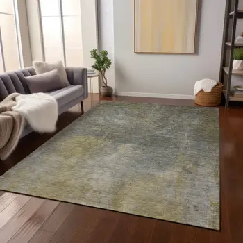 9' X 12' Pewter And Light Yellow Abstract Washable Indoor Outdoor Area Rug