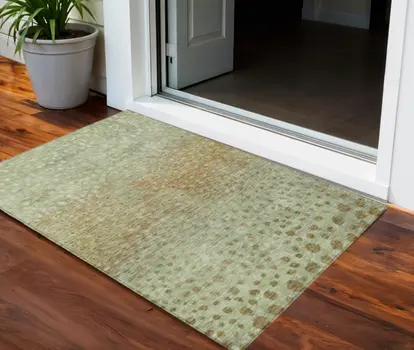 3' X 5' Artichoke Green Ivory And Brown Abstract Washable Indoor Outdoor Area Rug