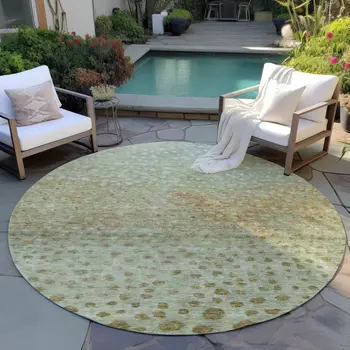 8' Artichoke Green Ivory And Brown Round Abstract Washable Indoor Outdoor Area Rug