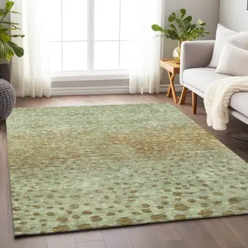 10' X 14' Artichoke Green Ivory And Brown Abstract Washable Indoor Outdoor Area Rug