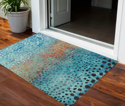 3' X 5' Blue Terra Cotta And Black Abstract Washable Indoor Outdoor Area Rug