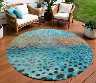 8' Blue Terra Cotta And Black Round Abstract Washable Indoor Outdoor Area Rug