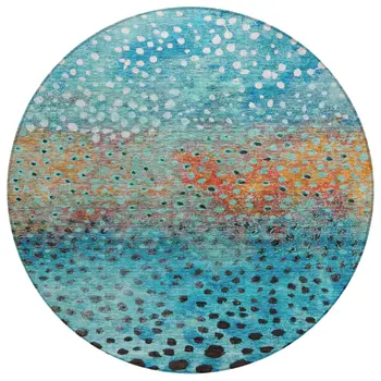 8' Blue Terra Cotta And Black Round Abstract Washable Indoor Outdoor Area Rug