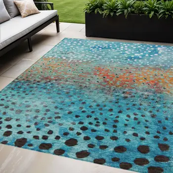 9' X 12' Blue Terra Cotta And Black Abstract Washable Indoor Outdoor Area Rug