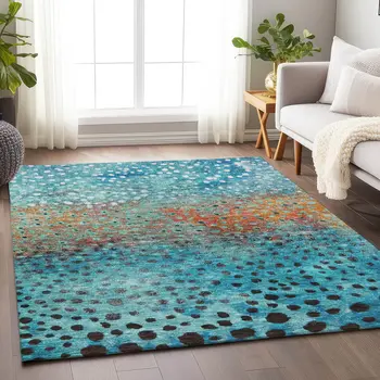 9' X 12' Blue Terra Cotta And Black Abstract Washable Indoor Outdoor Area Rug