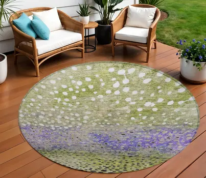 8' Green Purple And Black Round Abstract Washable Indoor Outdoor Area Rug