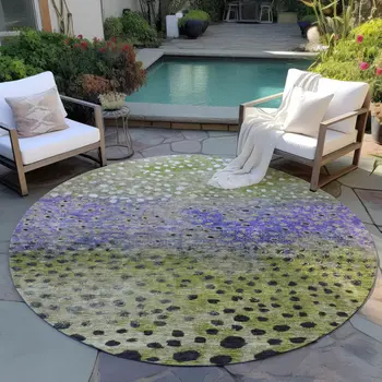 8' Green Purple And Black Round Abstract Washable Indoor Outdoor Area Rug