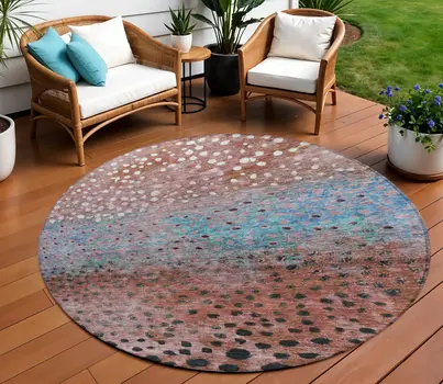 8' Terra Cotta Blue And Black Round Abstract Washable Indoor Outdoor Area Rug