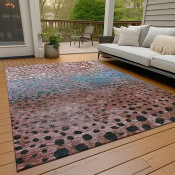 8' X 10' Terra Cotta Blue And Black Abstract Washable Indoor Outdoor Area Rug