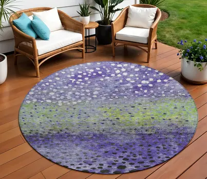 8' Purple Green And Black Round Abstract Washable Indoor Outdoor Area Rug
