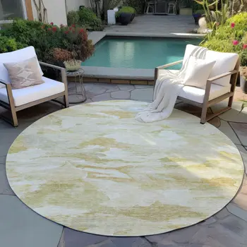 8' Beige Light Green And Brown Round Abstract Washable Indoor Outdoor Area Rug