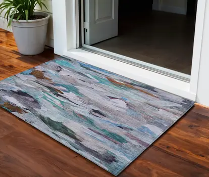 3' X 5' Blue Gray And Brown Abstract Washable Indoor Outdoor Area Rug