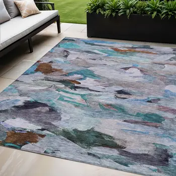 5' X 8' Blue Gray And Brown Abstract Washable Indoor Outdoor Area Rug