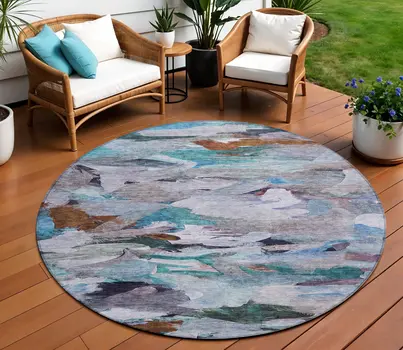 8' Blue Gray And Brown Round Abstract Washable Indoor Outdoor Area Rug