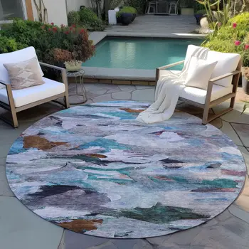 8' Blue Gray And Brown Round Abstract Washable Indoor Outdoor Area Rug