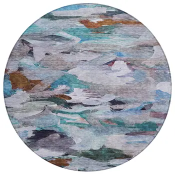 8' Blue Gray And Brown Round Abstract Washable Indoor Outdoor Area Rug