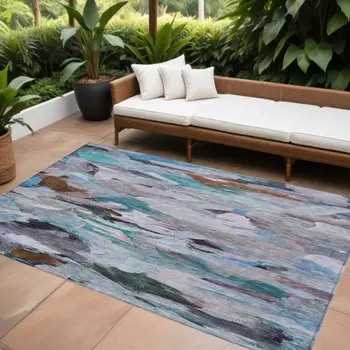 8' X 10' Blue Gray And Brown Abstract Washable Indoor Outdoor Area Rug