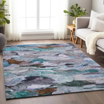 8' X 10' Blue Gray And Brown Abstract Washable Indoor Outdoor Area Rug