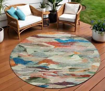 8' Green Teal Blue And Terra Cotta Round Abstract Washable Indoor Outdoor Area Rug
