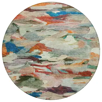 8' Green Teal Blue And Terra Cotta Round Abstract Washable Indoor Outdoor Area Rug