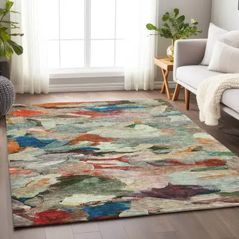 8' X 10' Green Teal Blue And Terra Cotta Abstract Washable Indoor Outdoor Area Rug