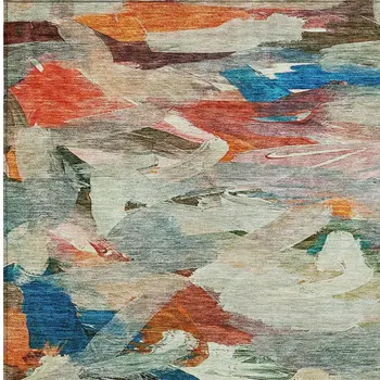 10' X 14' Green Teal Blue And Terra Cotta Abstract Washable Indoor Outdoor Area Rug