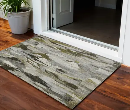 3' X 5' Granite Gray And Green Abstract Washable Indoor Outdoor Area Rug