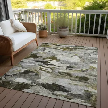 5' X 8' Granite Gray And Green Abstract Washable Indoor Outdoor Area Rug