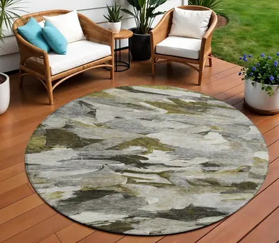 8' Granite Gray And Green Round Abstract Washable Indoor Outdoor Area Rug