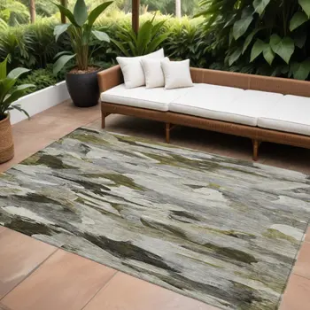 8' X 10' Granite Gray And Green Abstract Washable Indoor Outdoor Area Rug