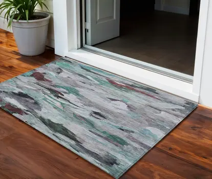 3' X 5' Teal Blue Gray And Brown Abstract Washable Indoor Outdoor Area Rug