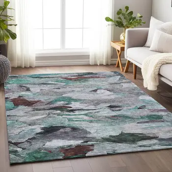5' X 8' Teal Blue Gray And Brown Abstract Washable Indoor Outdoor Area Rug