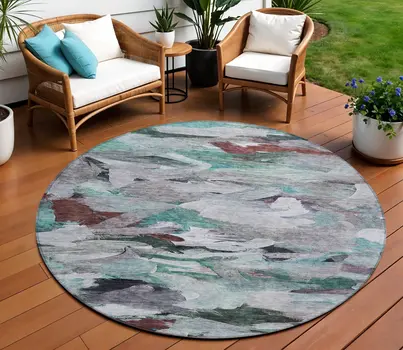 8' Teal Blue Gray And Brown Round Abstract Washable Indoor Outdoor Area Rug