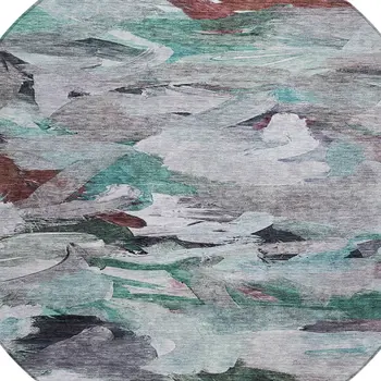 8' Teal Blue Gray And Brown Round Abstract Washable Indoor Outdoor Area Rug
