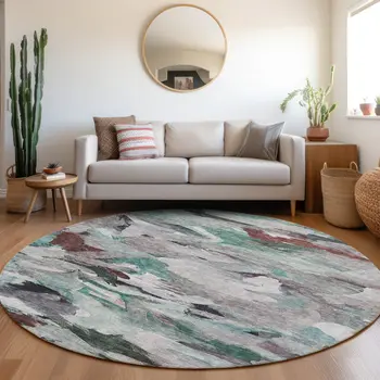 8' Teal Blue Gray And Brown Round Abstract Washable Indoor Outdoor Area Rug
