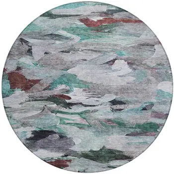 8' Teal Blue Gray And Brown Round Abstract Washable Indoor Outdoor Area Rug