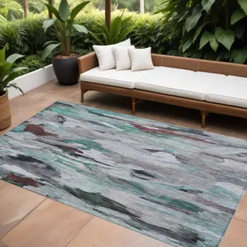 9' X 12' Teal Blue Gray And Brown Abstract Washable Indoor Outdoor Area Rug